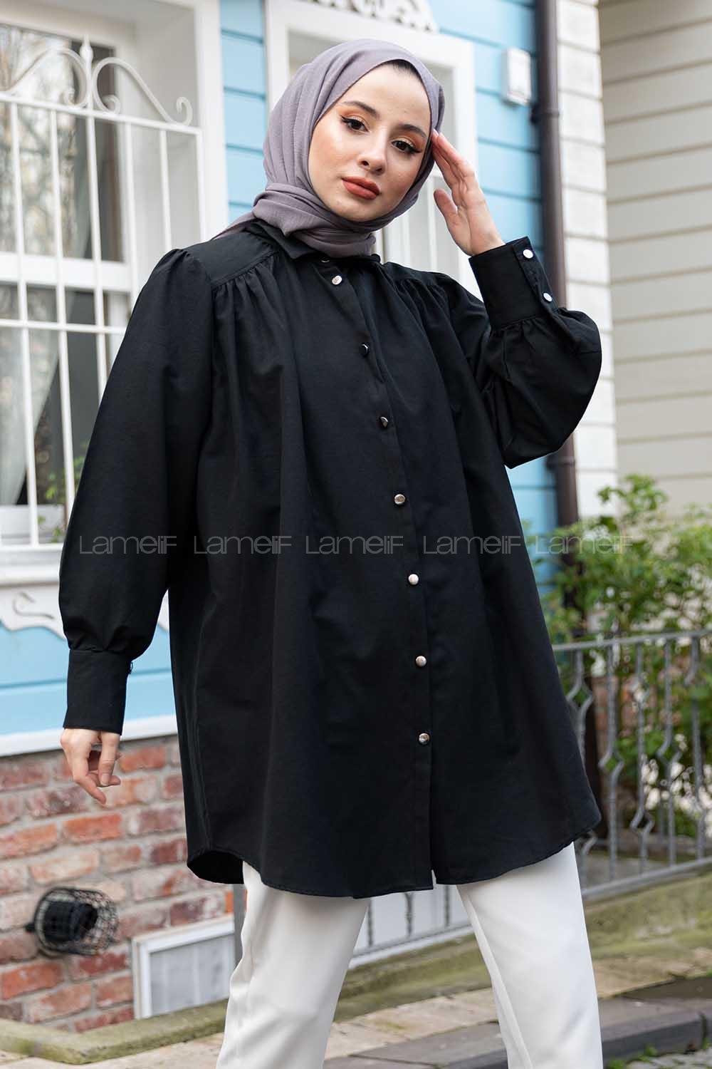 Modalamelif Önü Düğmeli Balon Kol Gömlek Siyah