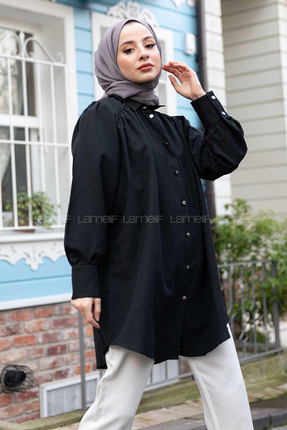 Modalamelif Önü Düğmeli Balon Kol Gömlek Siyah