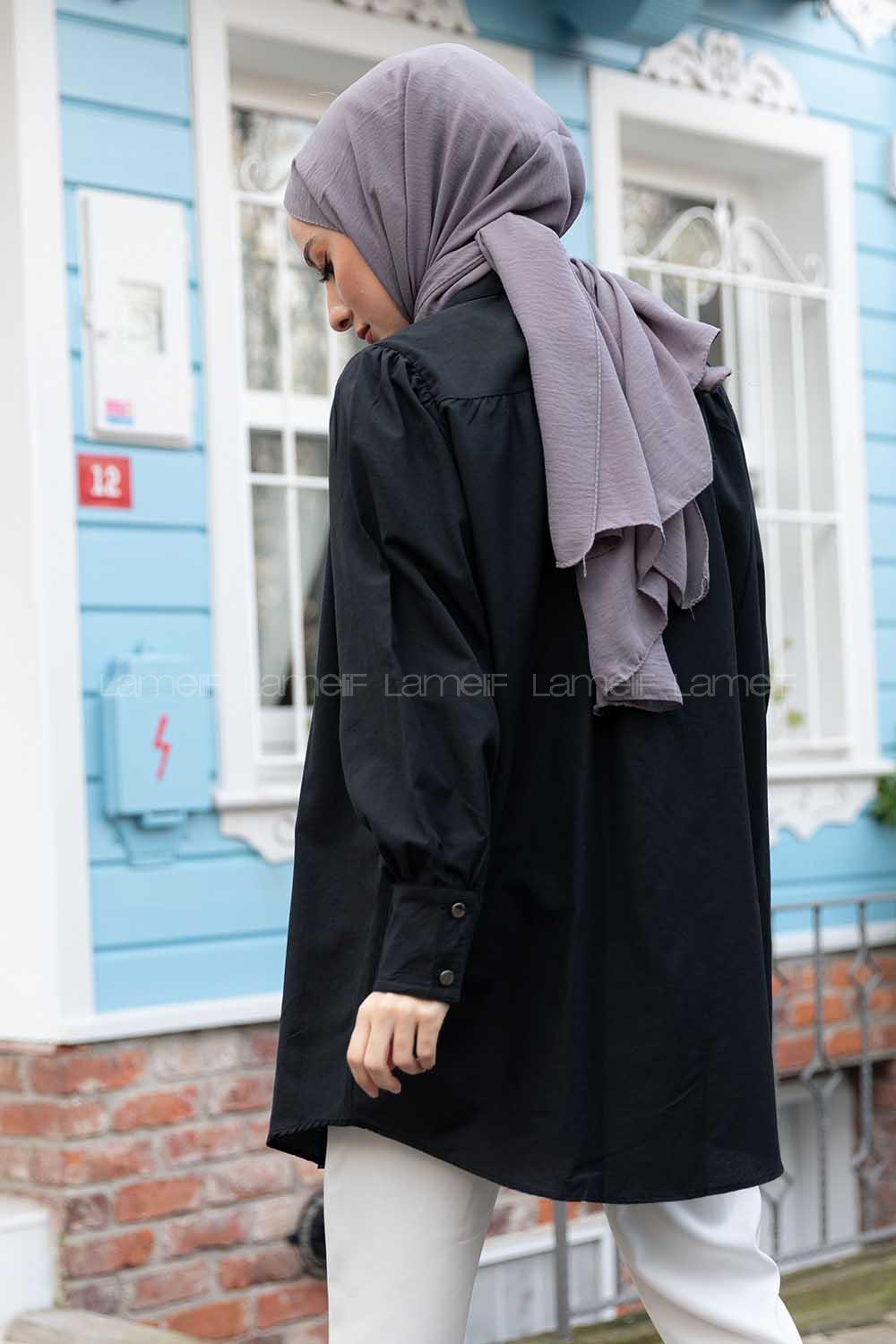 Modalamelif Önü Düğmeli Balon Kol Gömlek Siyah