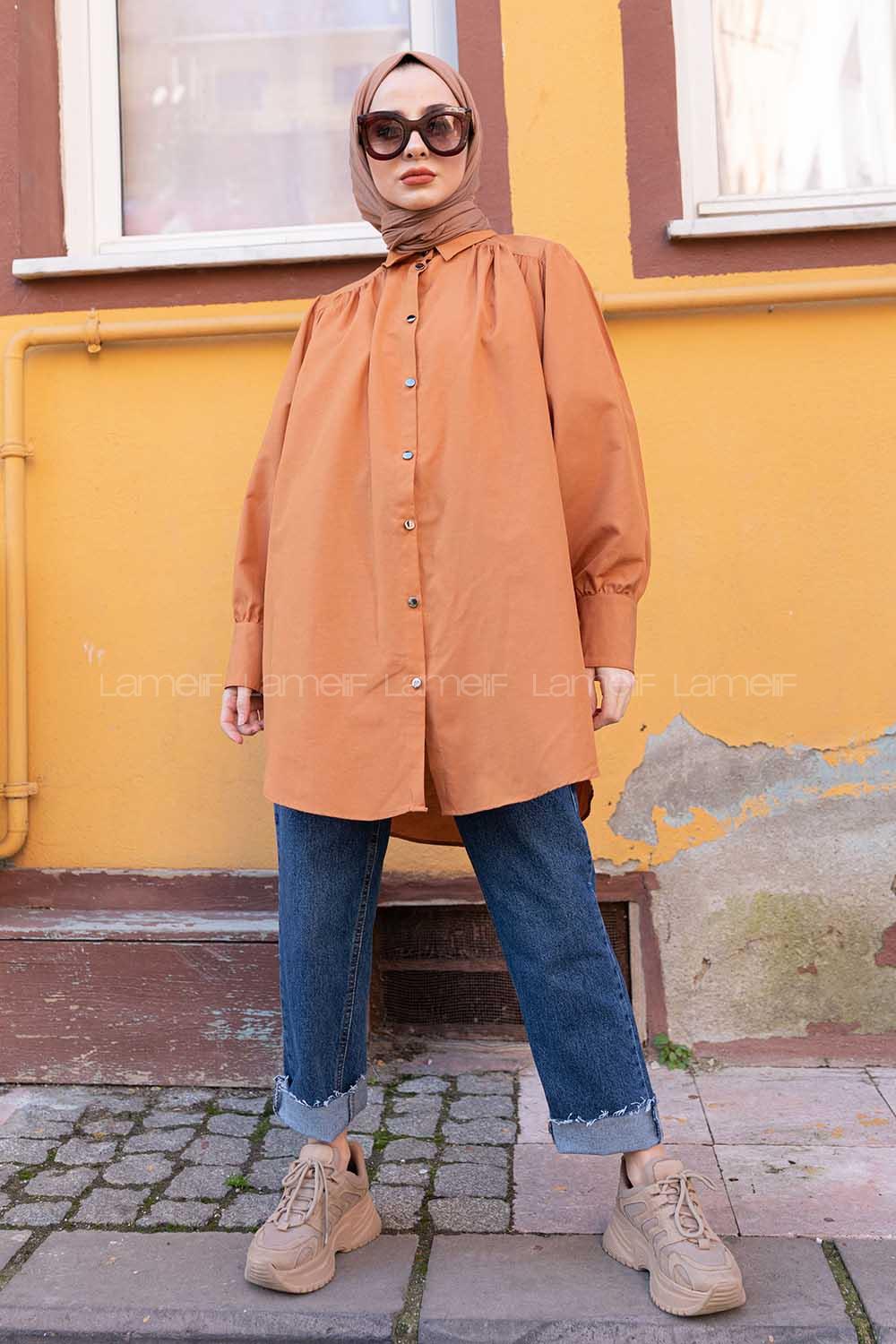 Modalamelif Önü Düğmeli Balon Kol Gömlek Taba