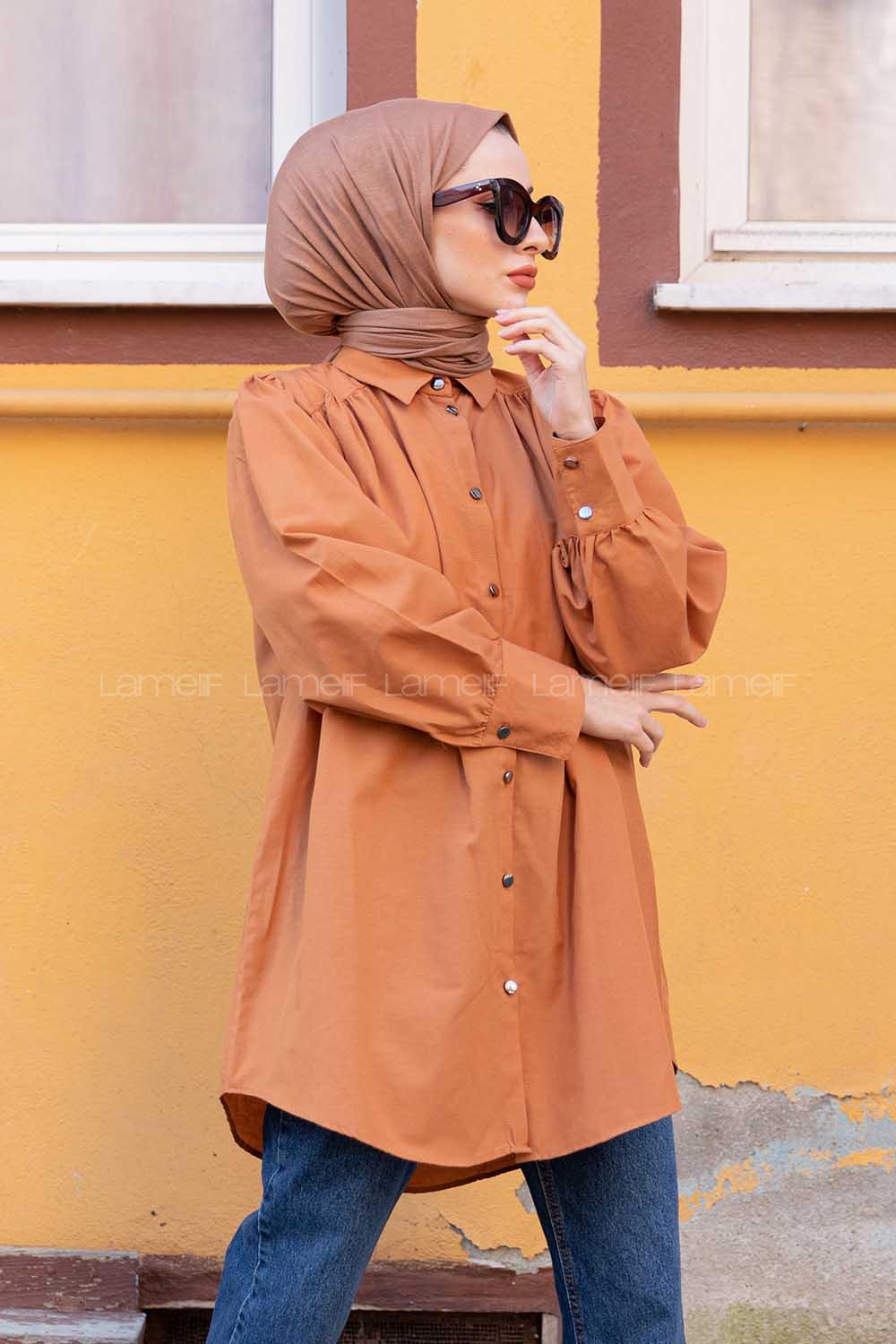 Modalamelif Önü Düğmeli Balon Kol Gömlek Taba