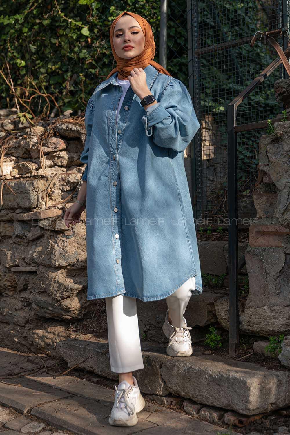 Modalamelif Oversize Uzun Kot Ceket Açık Mavi