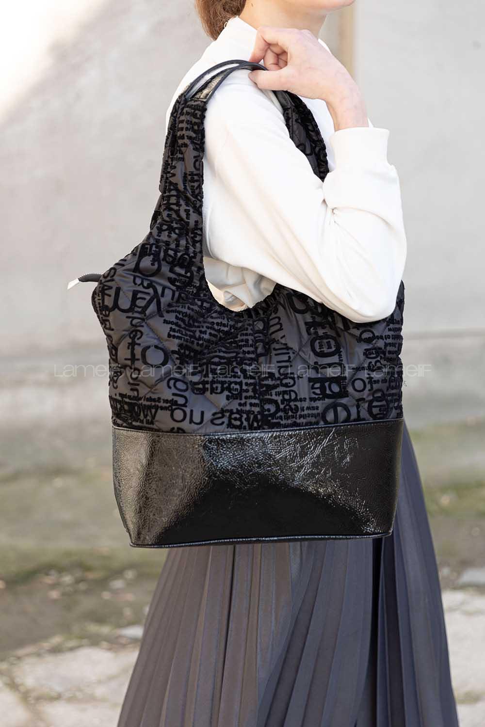 Lamelif Rugan Yazı Baskılı Jorge Çanta Siyah