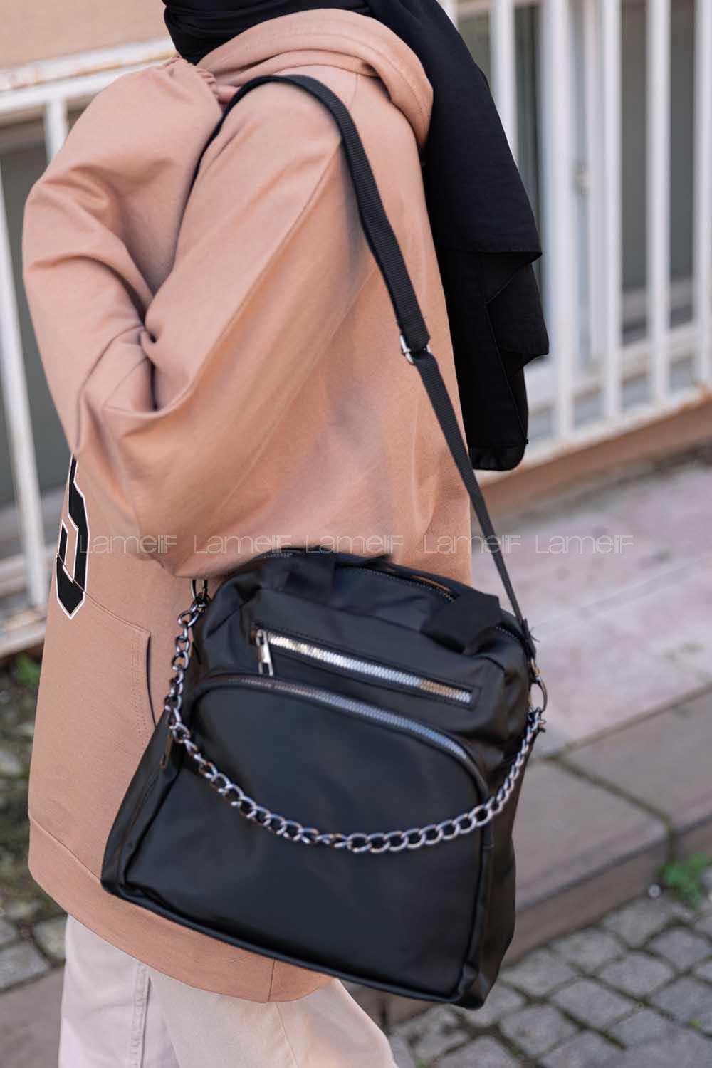 Modalamelif Zincir Aksesuarlı Saten  Çanta Siyah