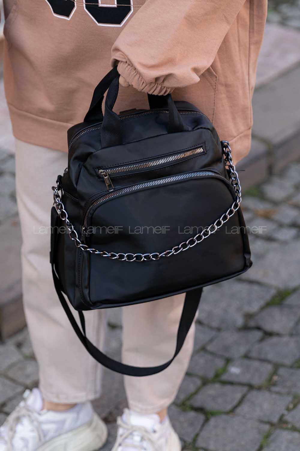 Modalamelif Zincir Aksesuarlı Saten  Çanta Siyah