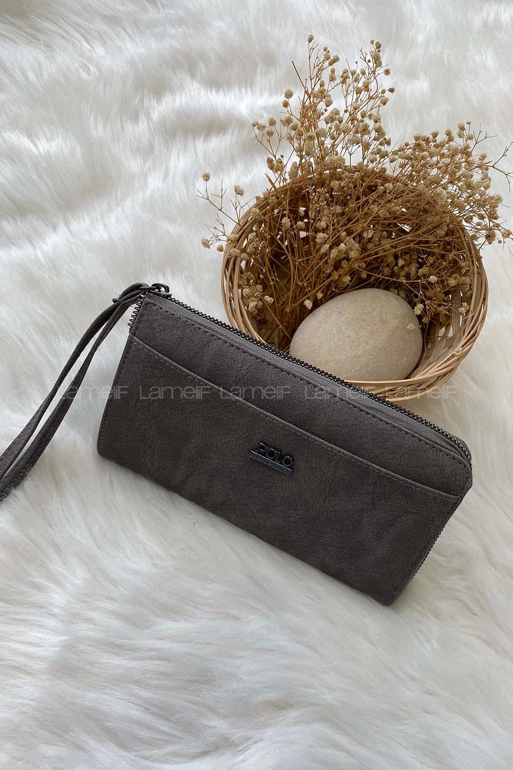 Modalamelif Askılı Telefon Bölmeli Gri Kadın Cüzdan