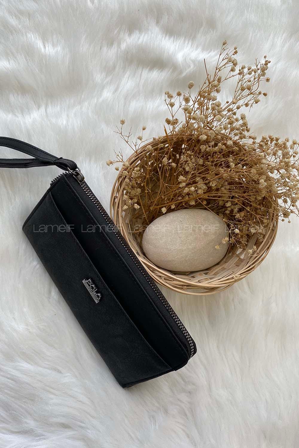 Modalamelif Askılı Telefon Bölmeli Siyah Kadın Cüzdan