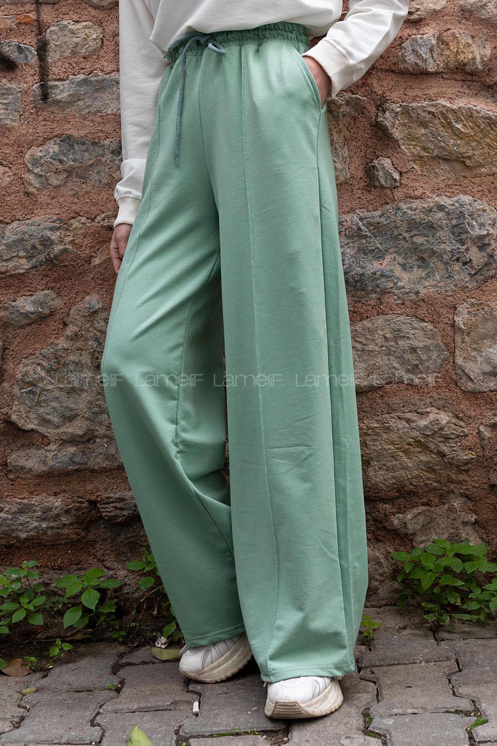 Modalamelif Çımalı Bol Paça Pantolon Çağla Yeşili