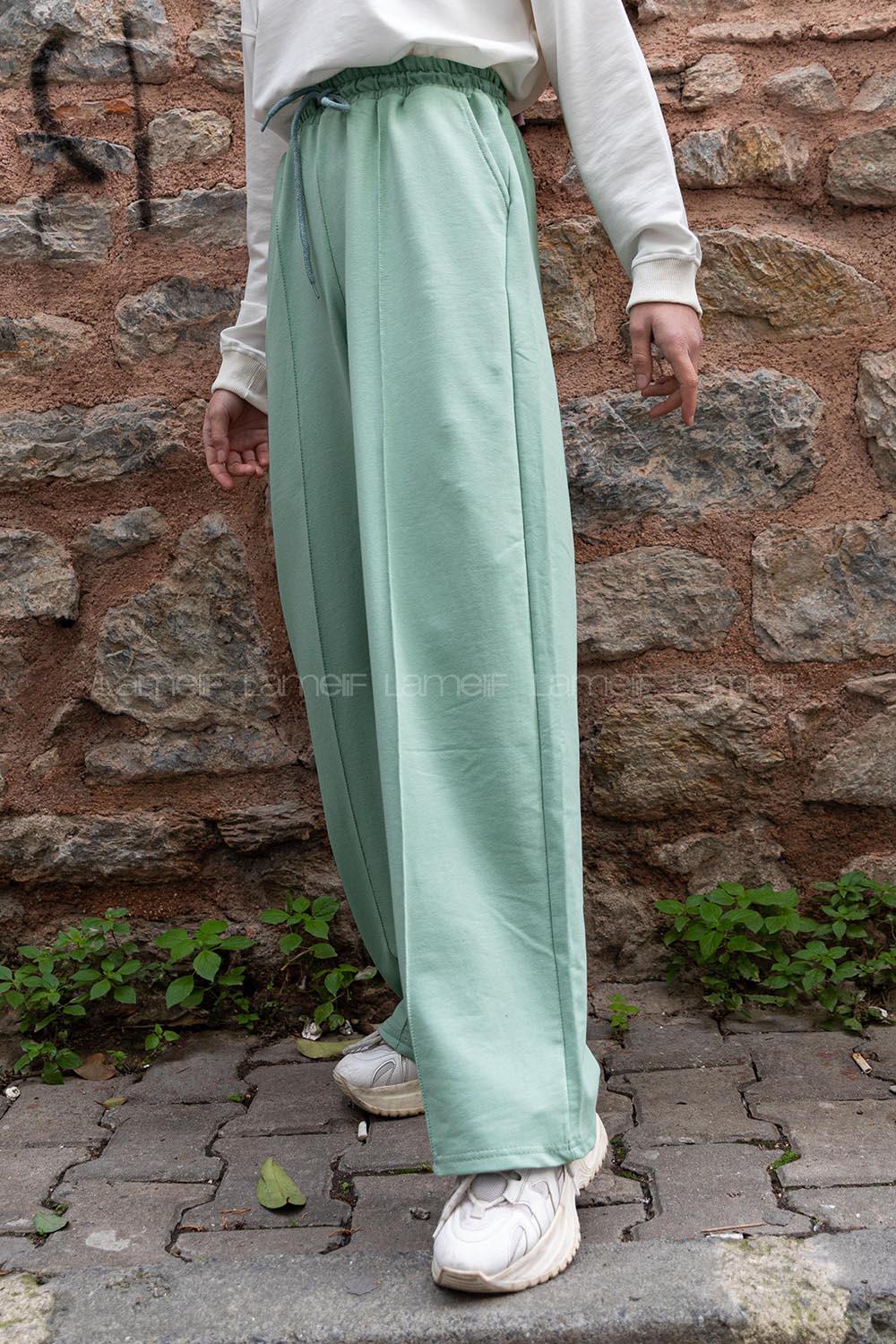 Modalamelif Çımalı Bol Paça Pantolon Çağla Yeşili