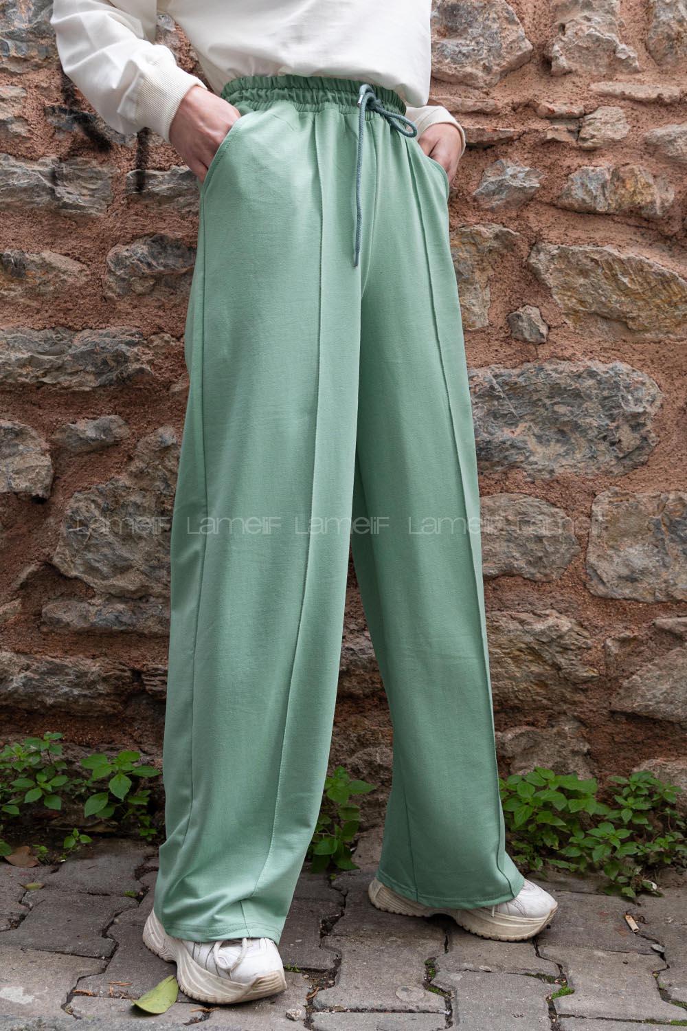 Modalamelif Çımalı Bol Paça Pantolon Çağla Yeşili