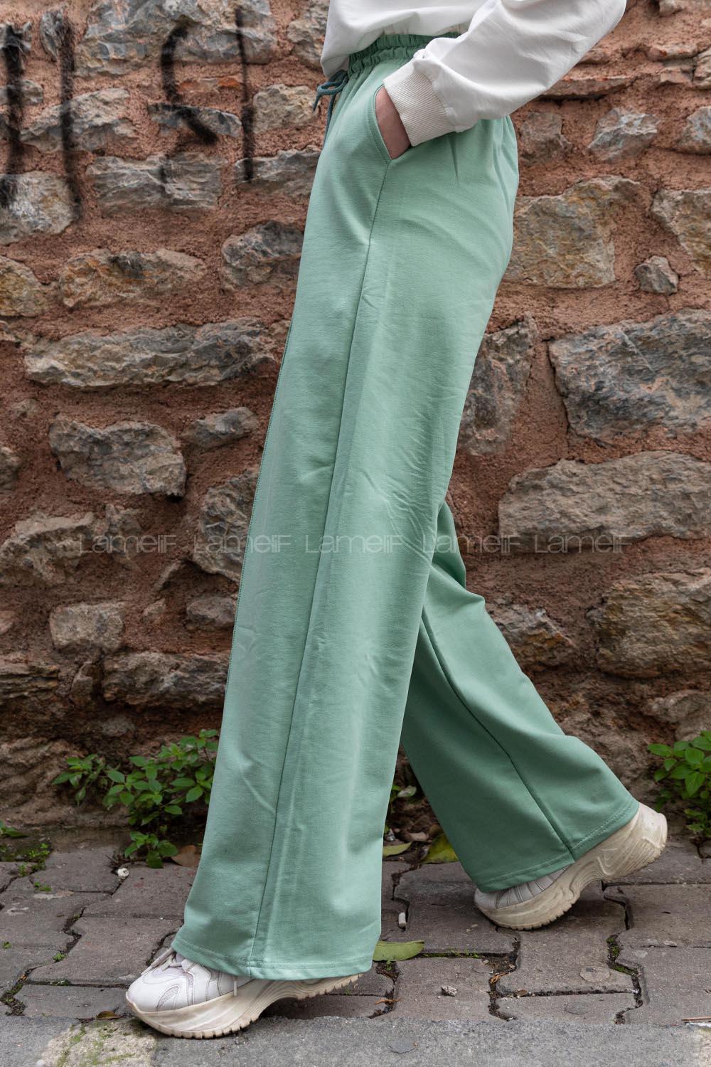 Modalamelif Çımalı Bol Paça Pantolon Çağla Yeşili