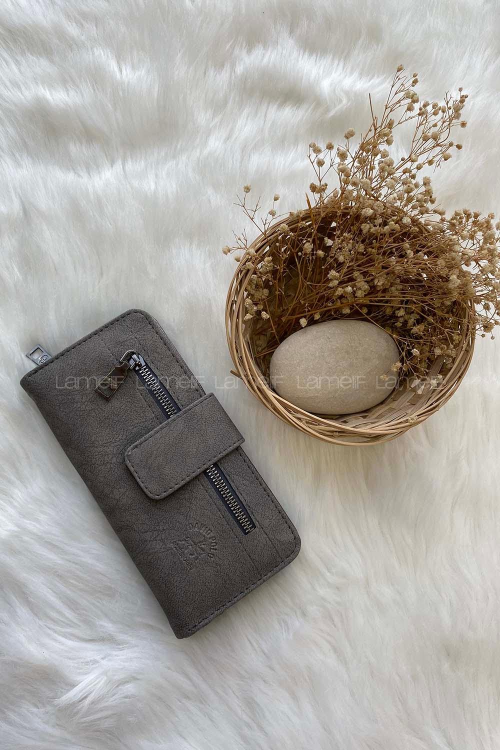 Modalamelif David Polo Büyük Boy Yumuşak Kumaş Çok Bölmeli Cüzdan Gri