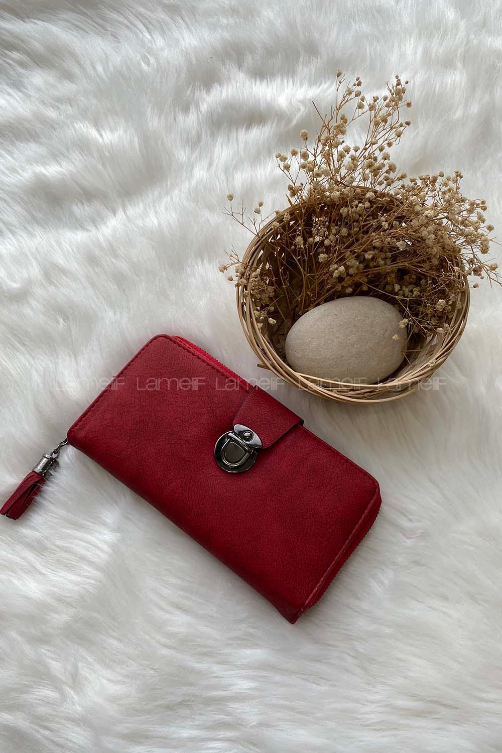 Modalamelif Kapak Kilit Büyük Boy Püsküllü Cüzdan Kırmızı
