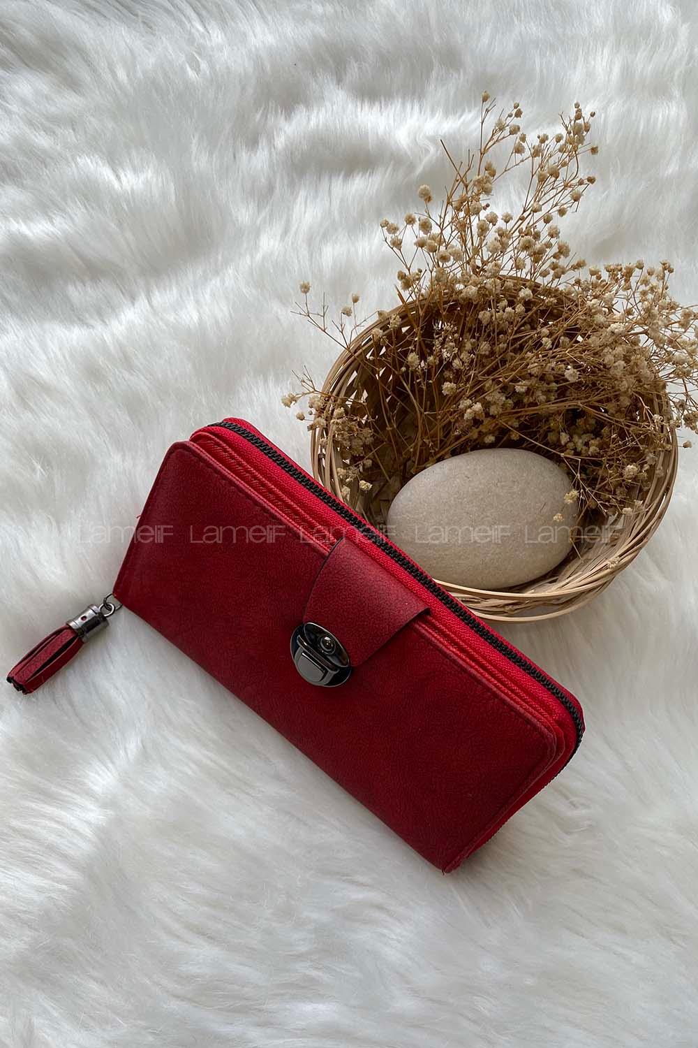 Modalamelif Kapak Kilit Büyük Boy Püsküllü Cüzdan Kırmızı