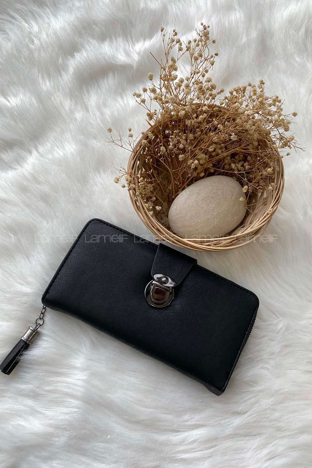 Modalamelif Kapak Kilit Büyük Boy Püsküllü Cüzdan Siyah