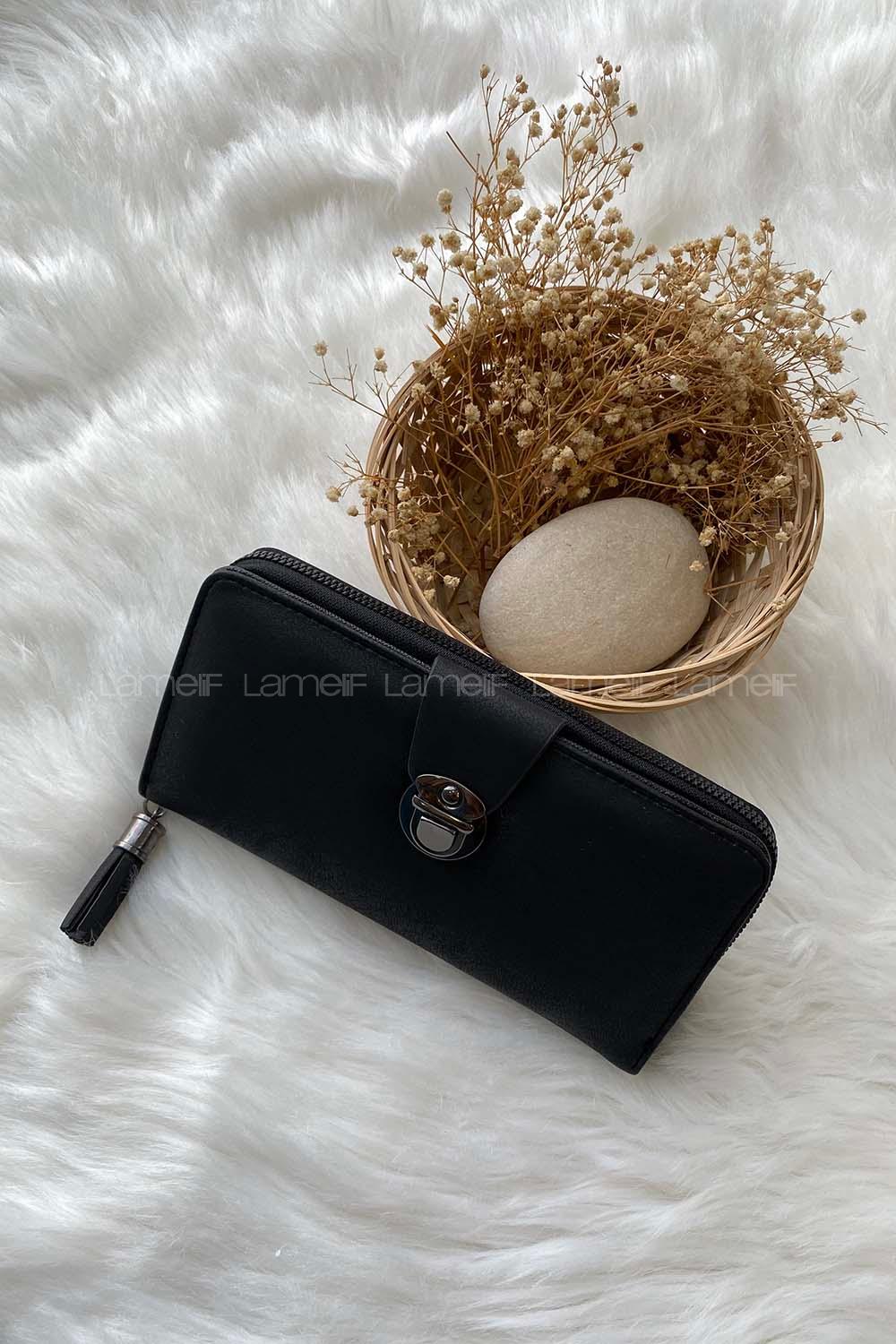 Modalamelif Kapak Kilit Büyük Boy Püsküllü Cüzdan Siyah