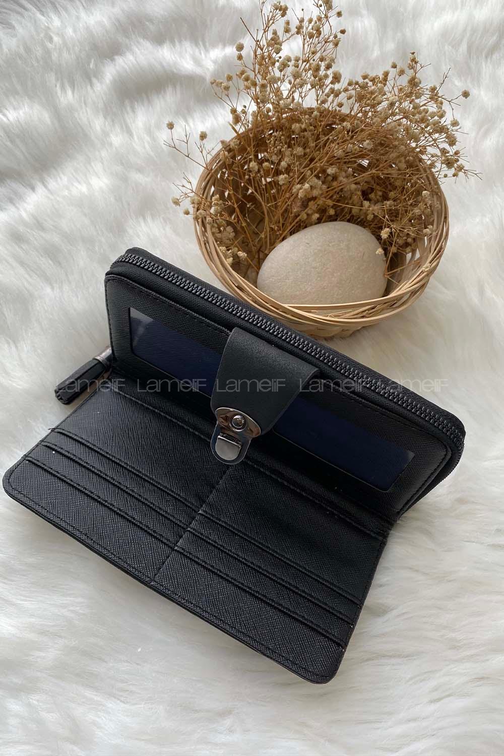 Modalamelif Kapak Kilit Büyük Boy Püsküllü Cüzdan Siyah