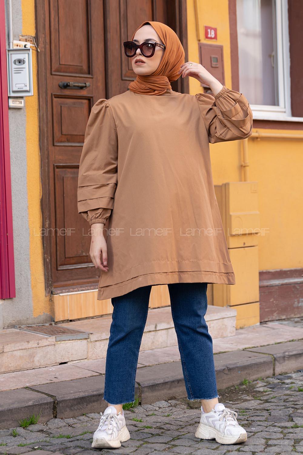Modalamelif Karpuz Kol Etek Katlı Tunik Camel