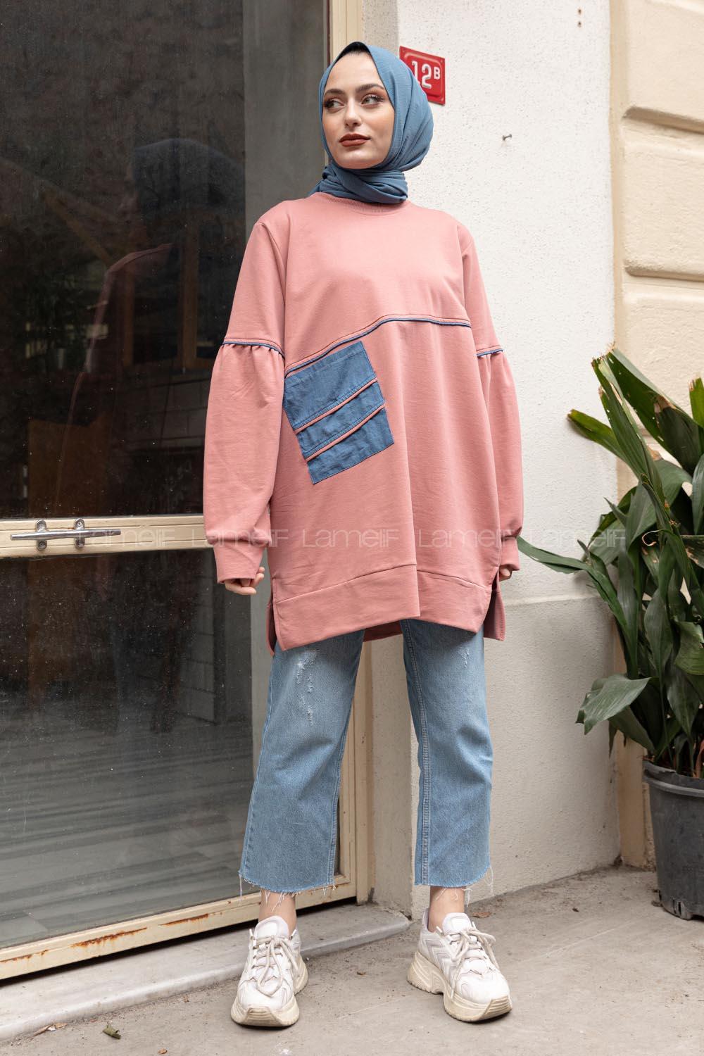 Modalamelif Kot Cep Ara Biyeli Sweatshirt Pudra