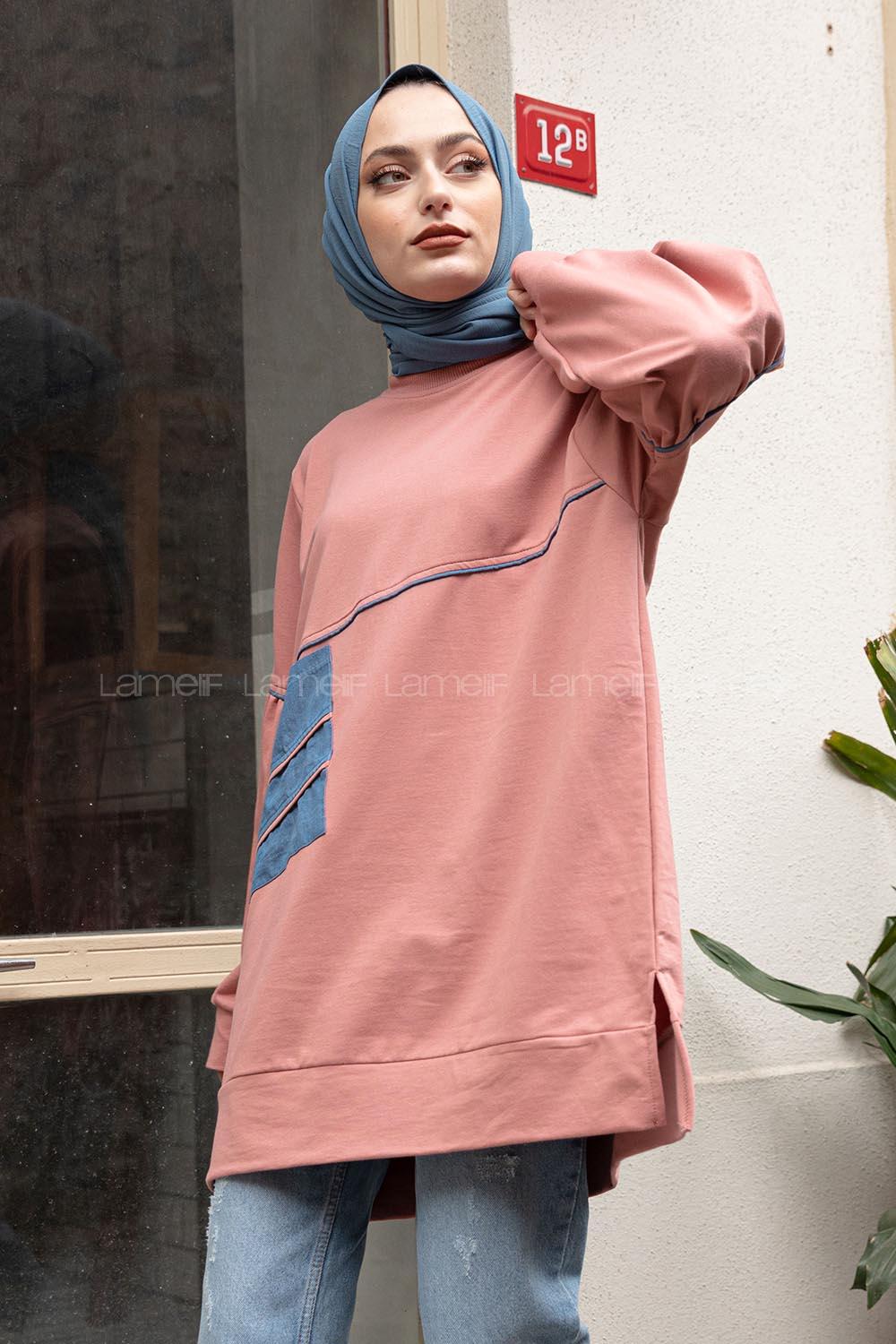 Modalamelif Kot Cep Ara Biyeli Sweatshirt Pudra