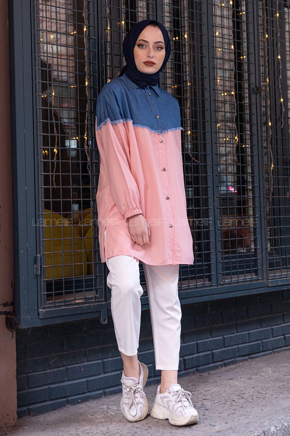 Modalamelif Kot Garnili Poplin Gömlek Pudra