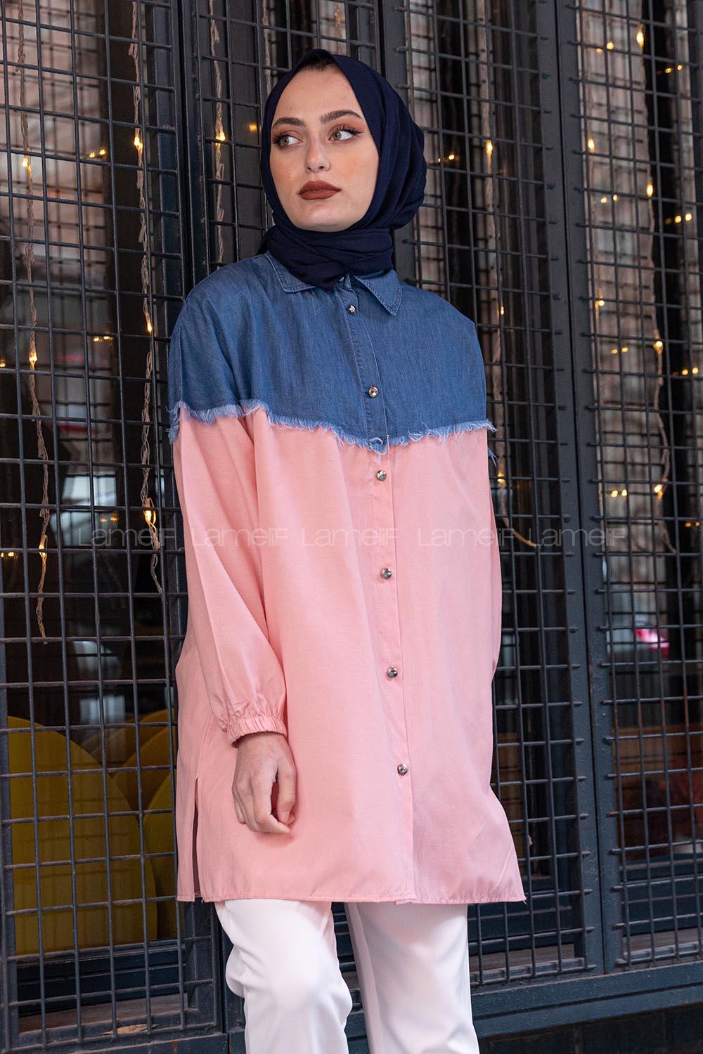 Modalamelif Kot Garnili Poplin Gömlek Pudra