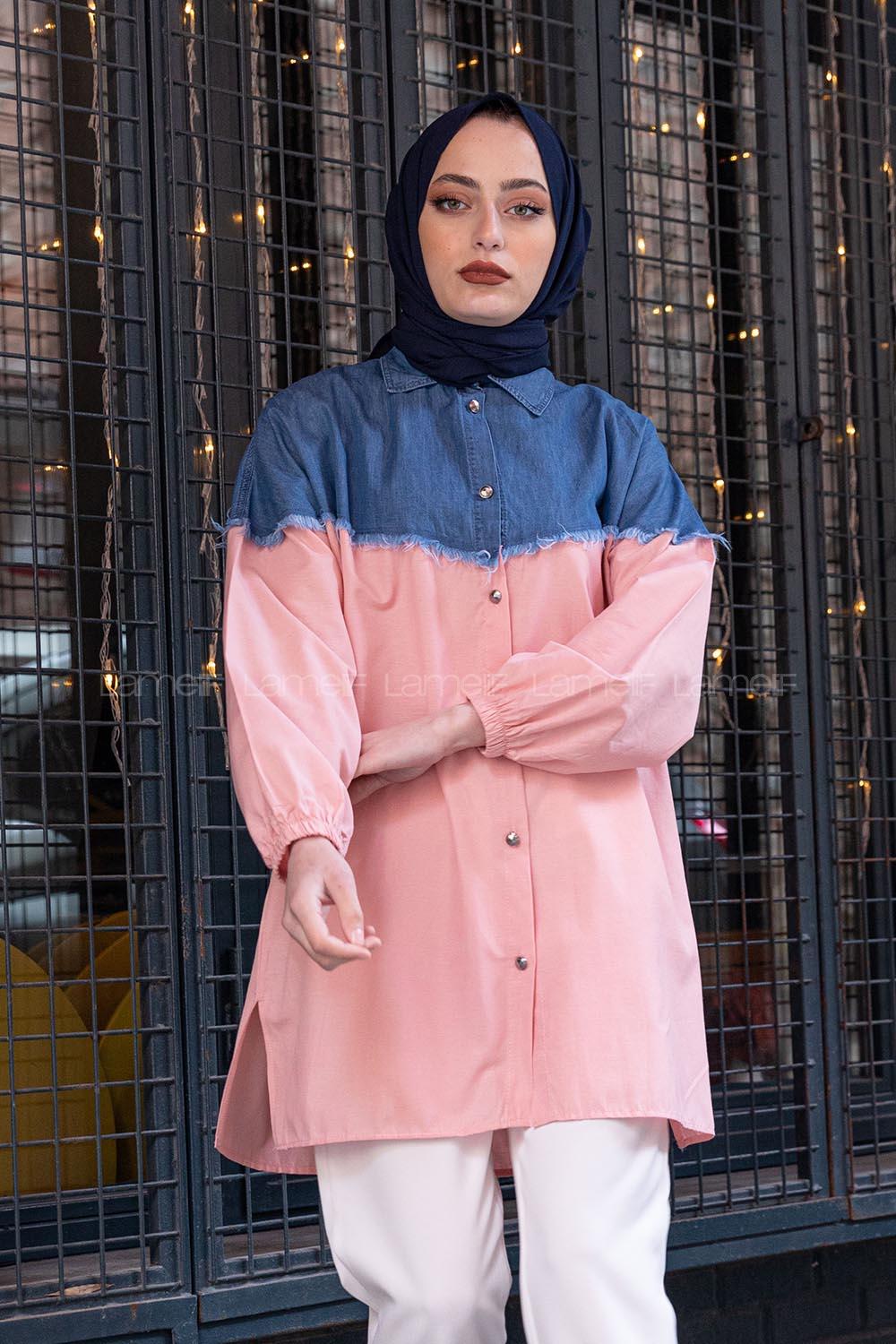 Modalamelif Kot Garnili Poplin Gömlek Pudra