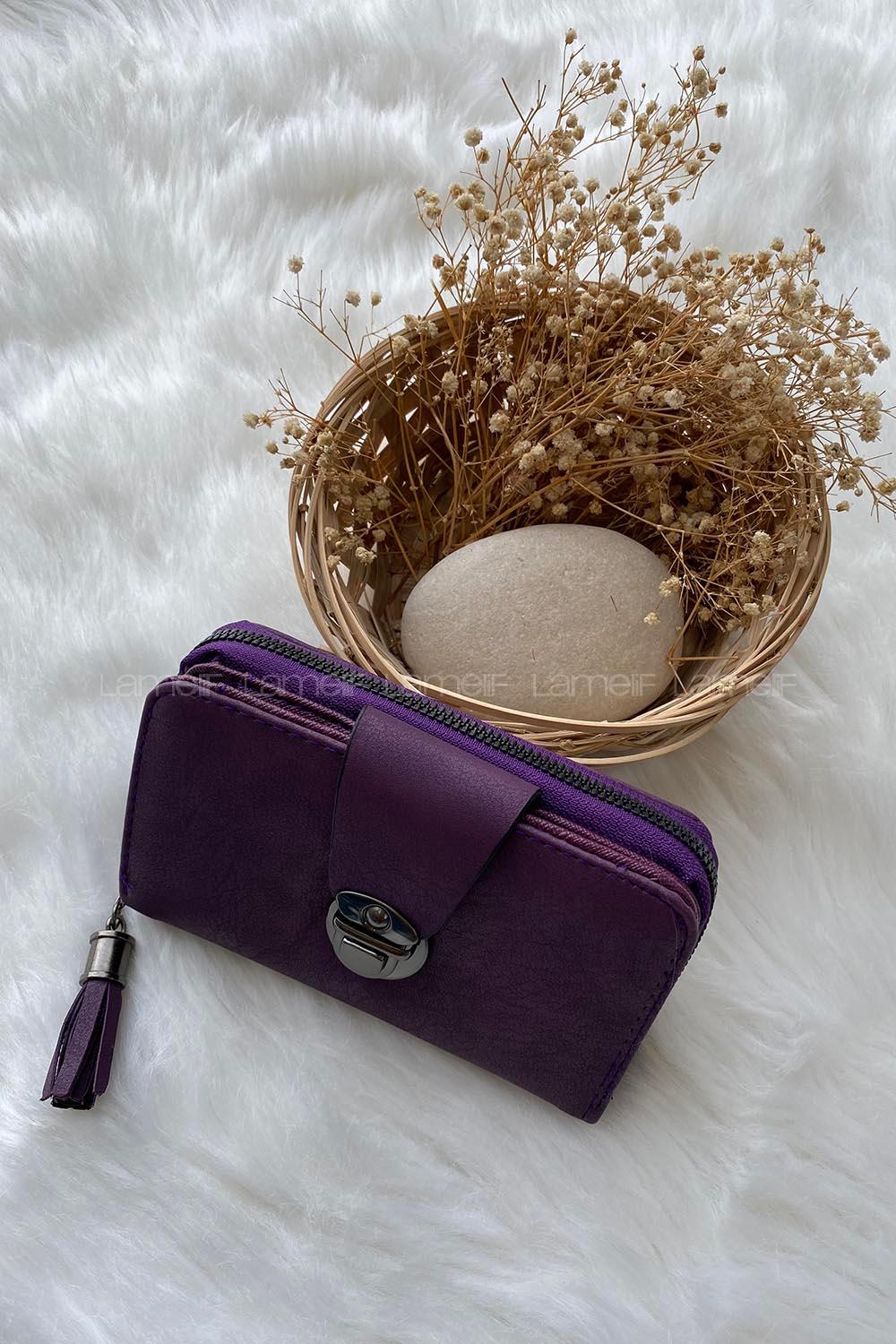 Modalamelif  Küçük Boy Püsküllü Kilitli Cüzdan Mor