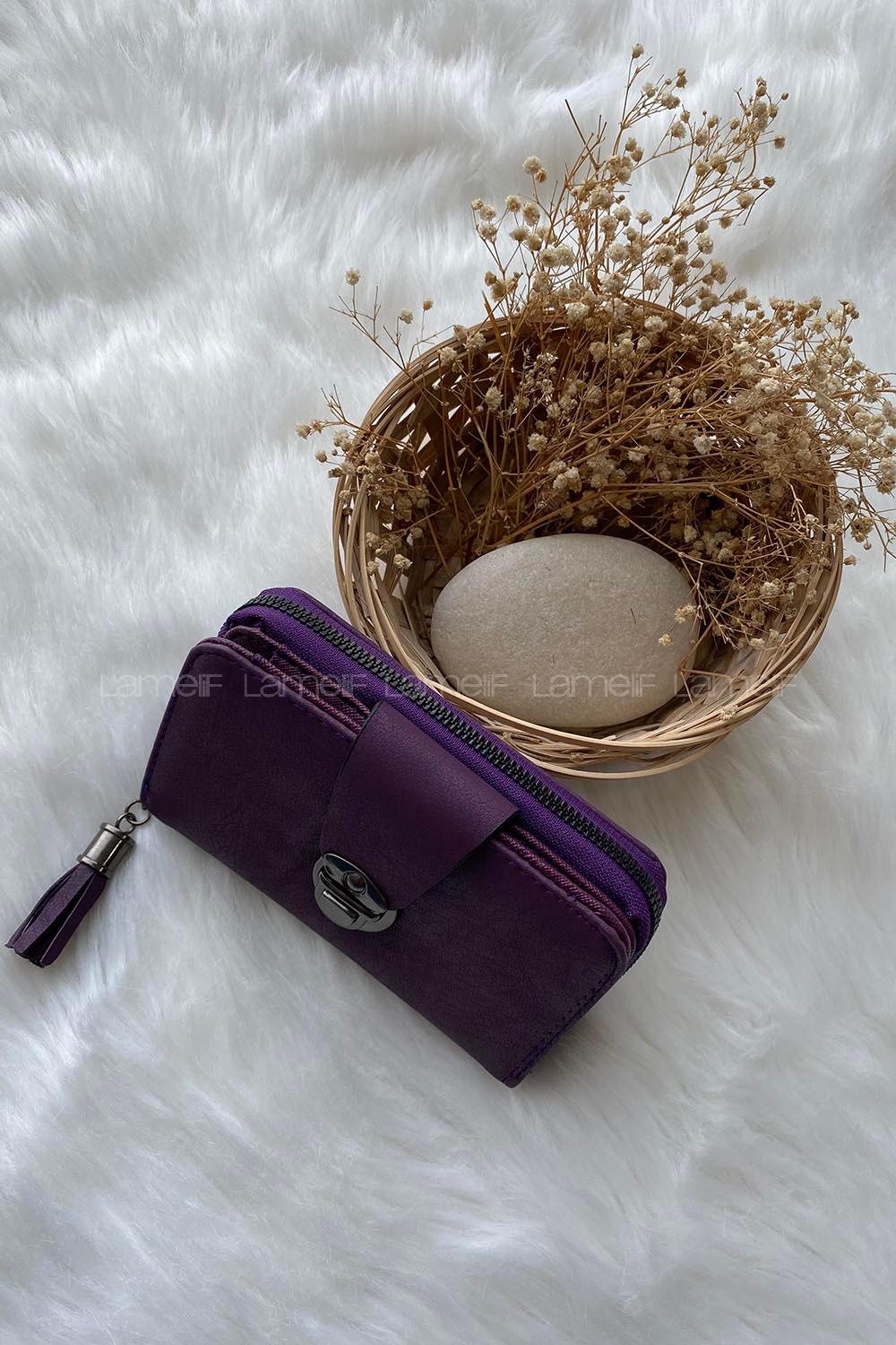 Modalamelif  Küçük Boy Püsküllü Kilitli Cüzdan Mor