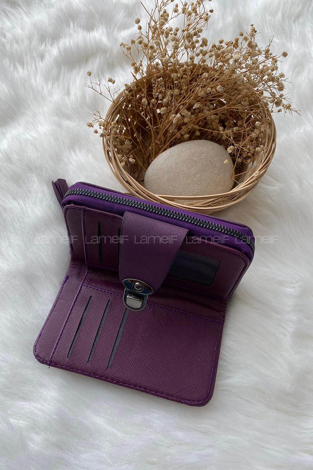 Modalamelif  Küçük Boy Püsküllü Kilitli Cüzdan Mor