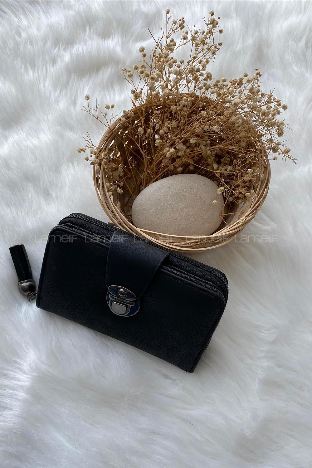 Modalamelif  Küçük Boy Püsküllü Kilitli Cüzdan Siyah