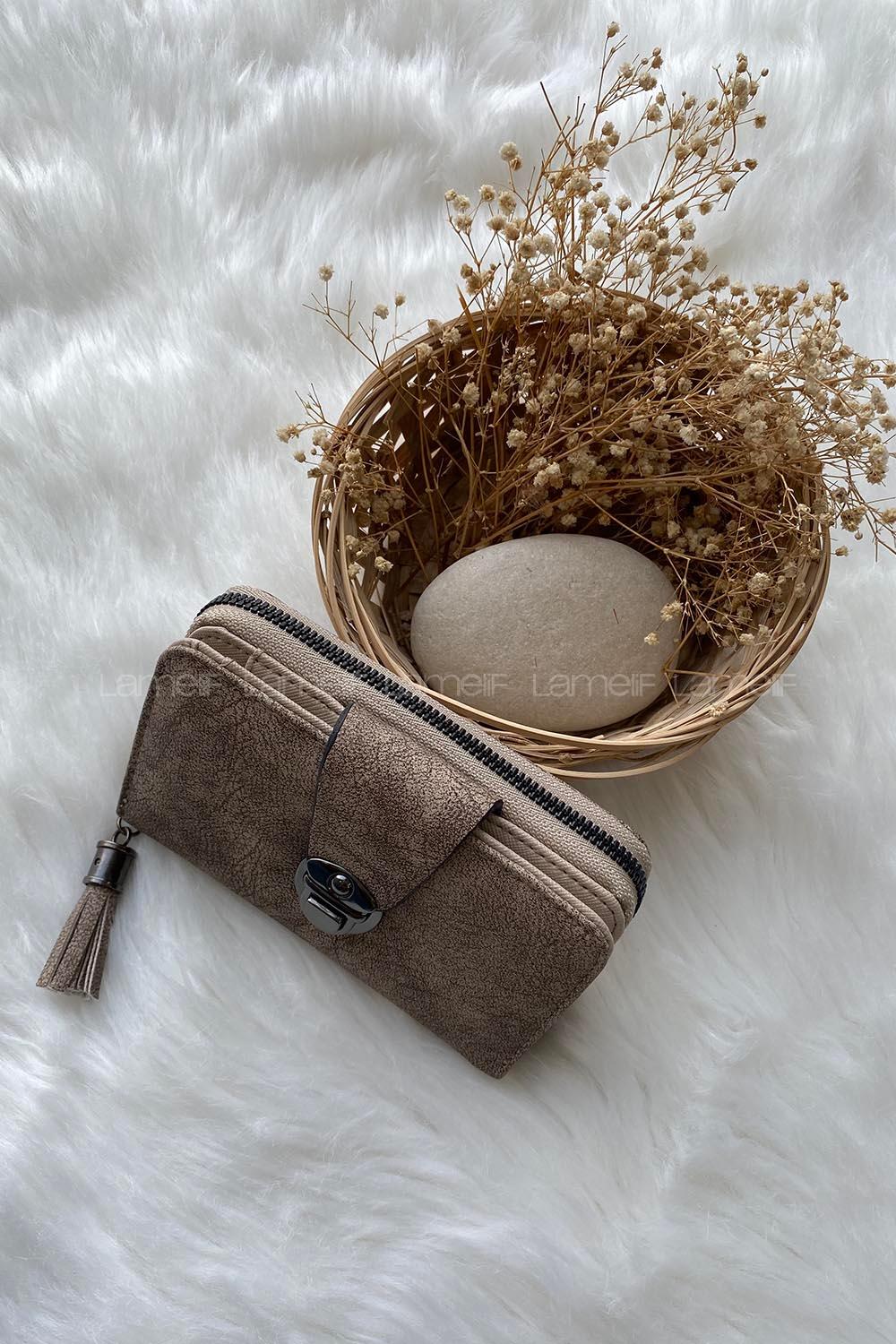 Modalamelif  Küçük Boy Püsküllü Kilitli Cüzdan Vizonrengi