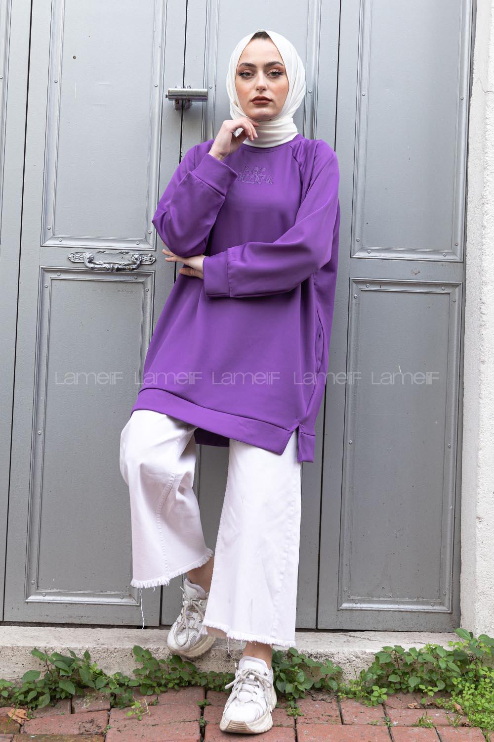 Modalamelif Nakışlı Scuba Tunik Mor