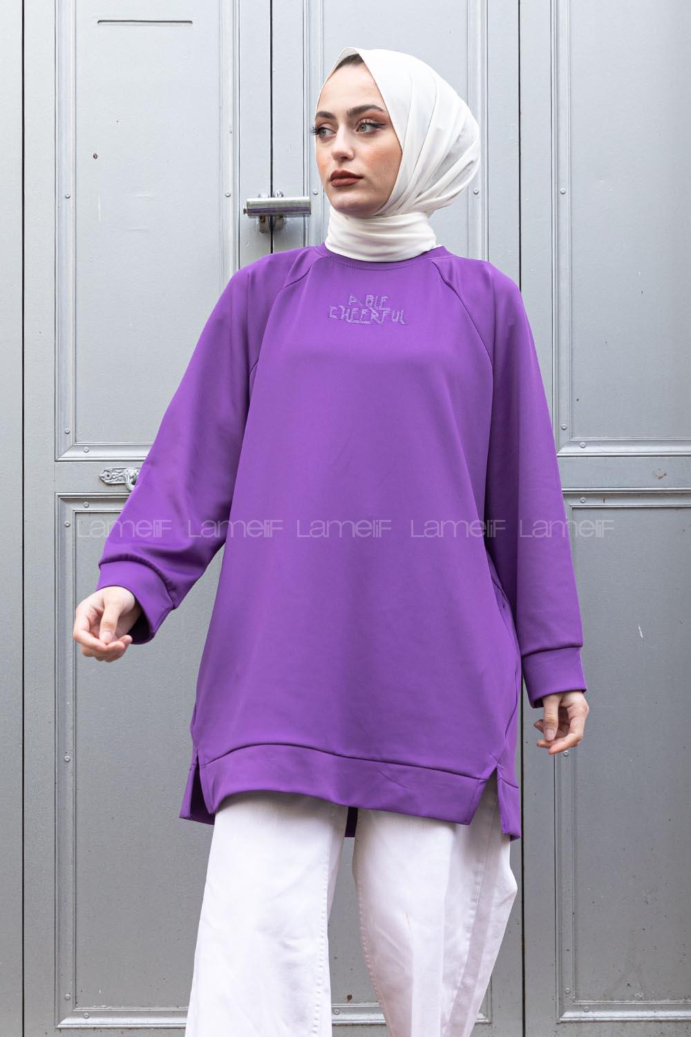 Modalamelif Nakışlı Scuba Tunik Mor