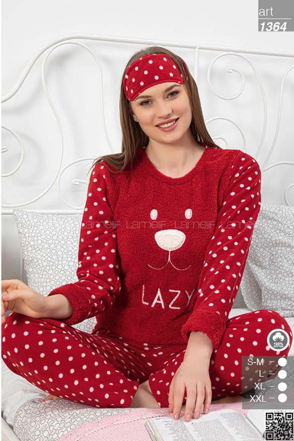 Modalamelif Önü Peluş Lazy Baskılı Kırmızı Pijama Takımı