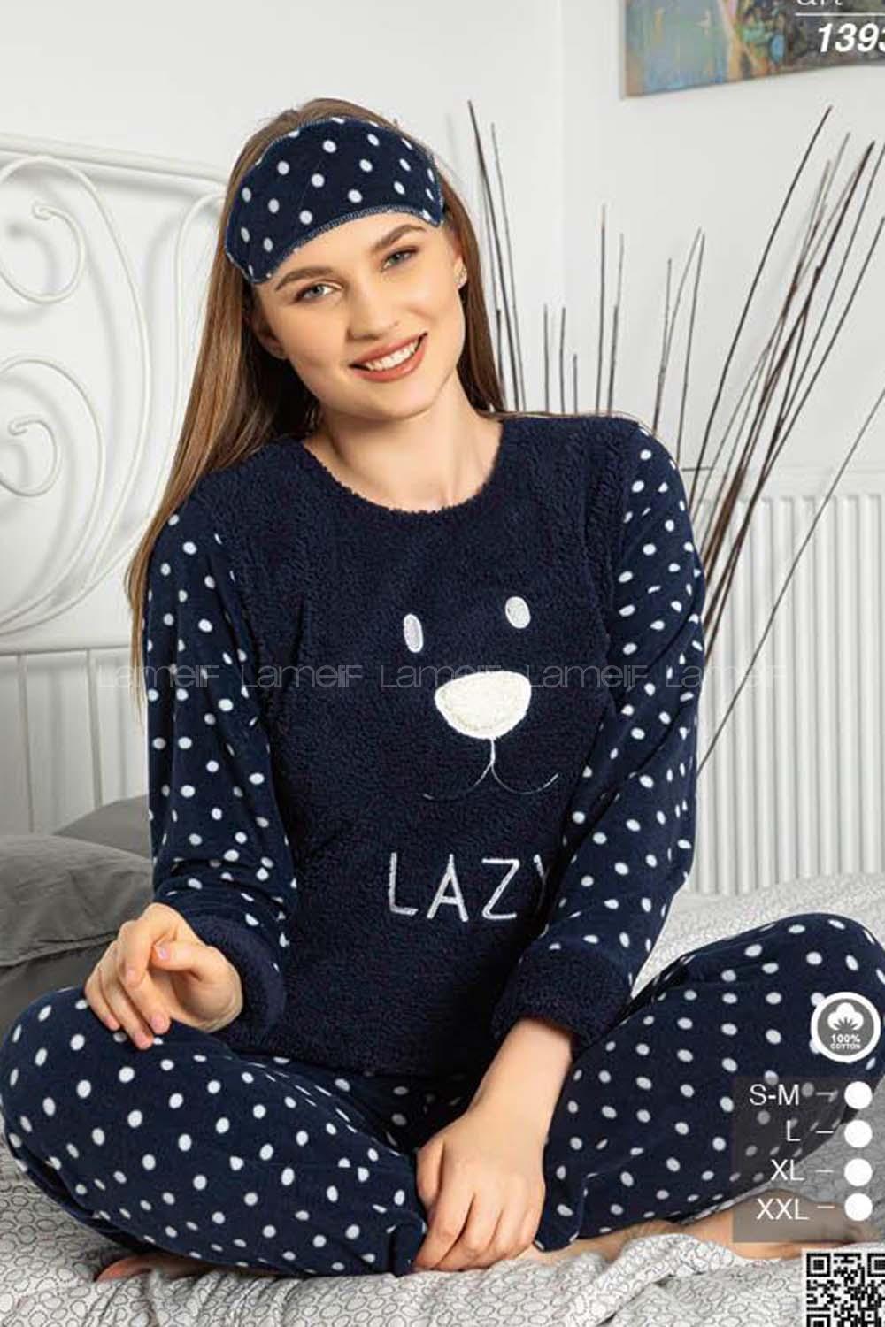 Modalamelif Önü Peluş Lazy Baskılı Lacivert Pijama Takımı