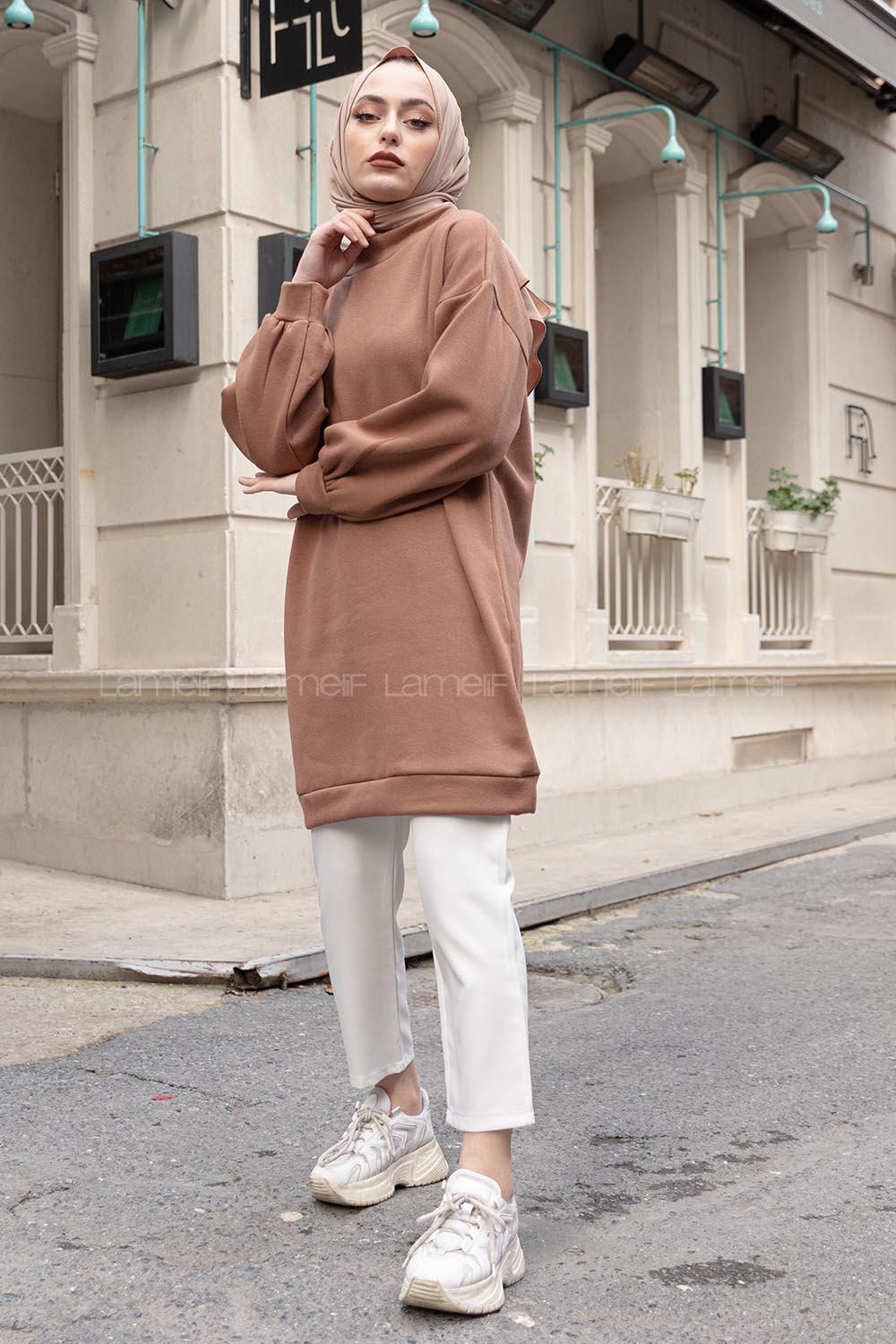 Lamelif  Üç İplik Balon Kol Tunik Acı Kahve