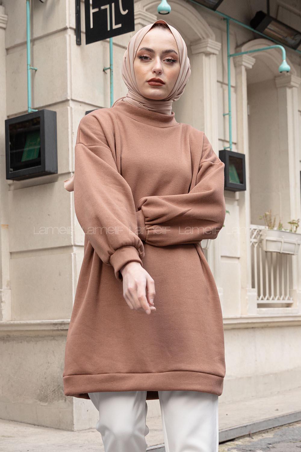 Lamelif  Üç İplik Balon Kol Tunik Acı Kahve