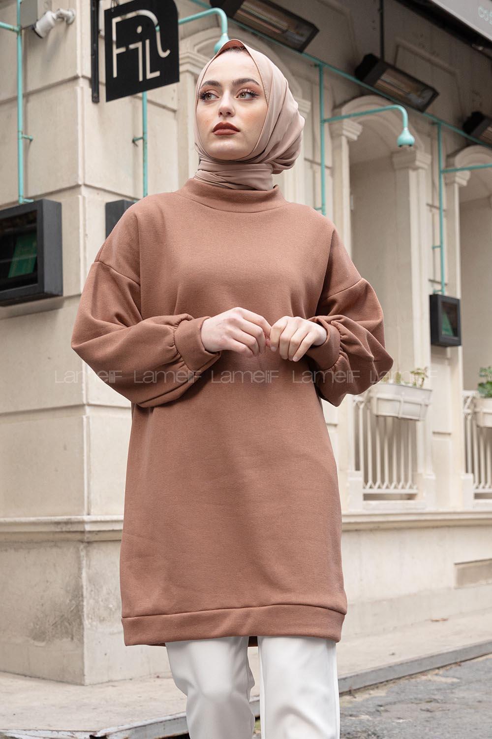 Lamelif  Üç İplik Balon Kol Tunik Acı Kahve