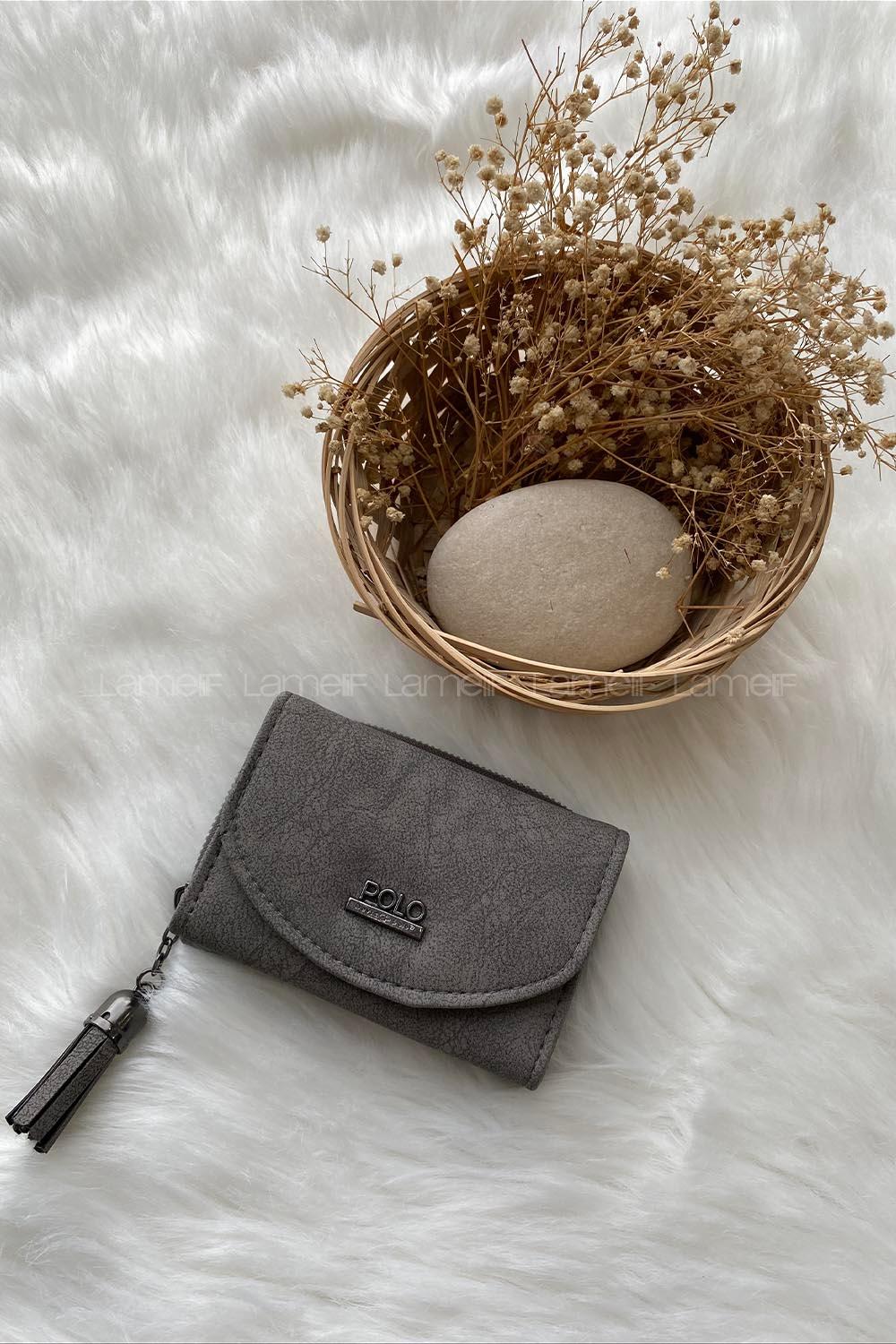 Modalamelif  Vintage Püsküllü Kapaklı Cüzdan Gri