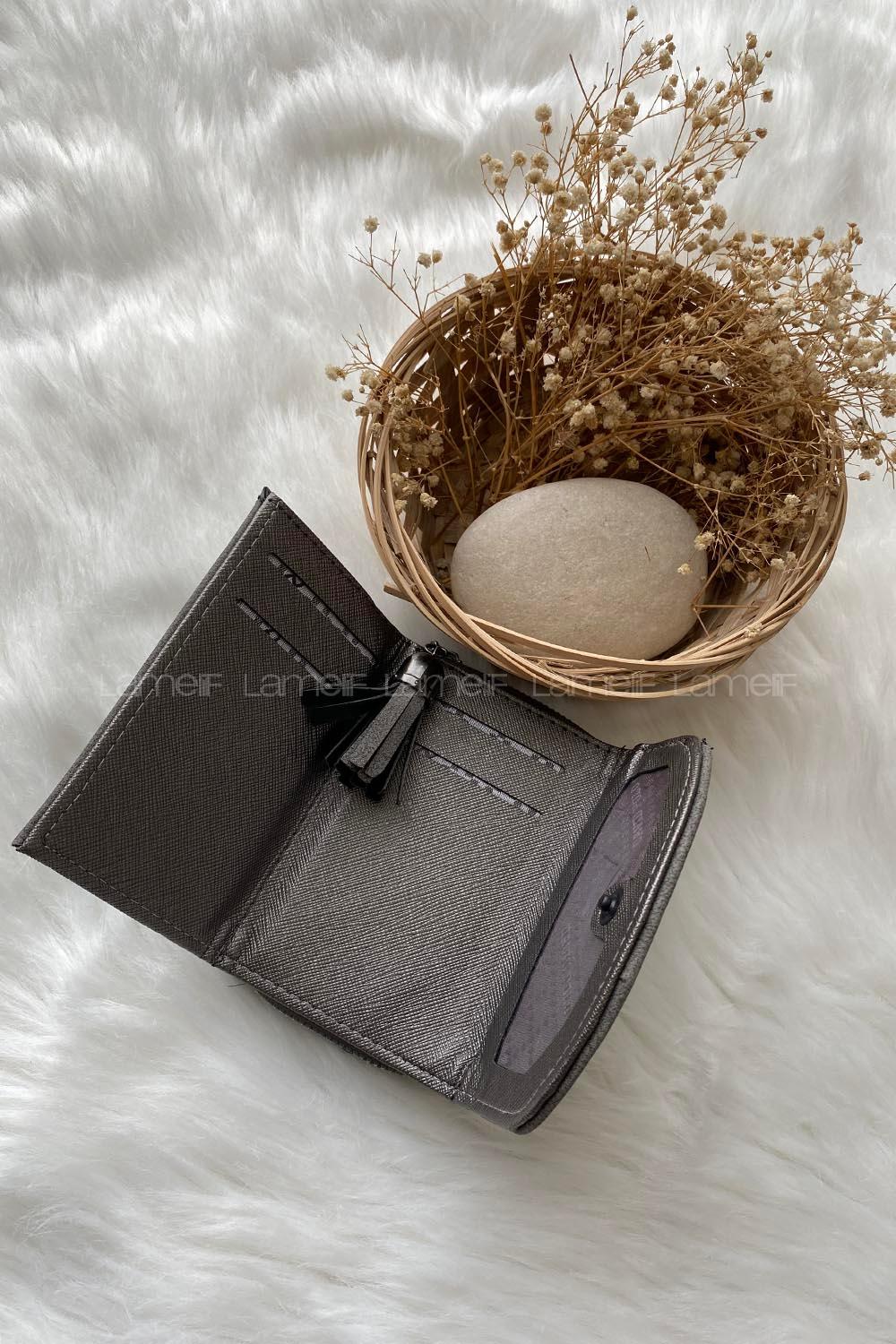 Modalamelif  Vintage Püsküllü Kapaklı Cüzdan Gri