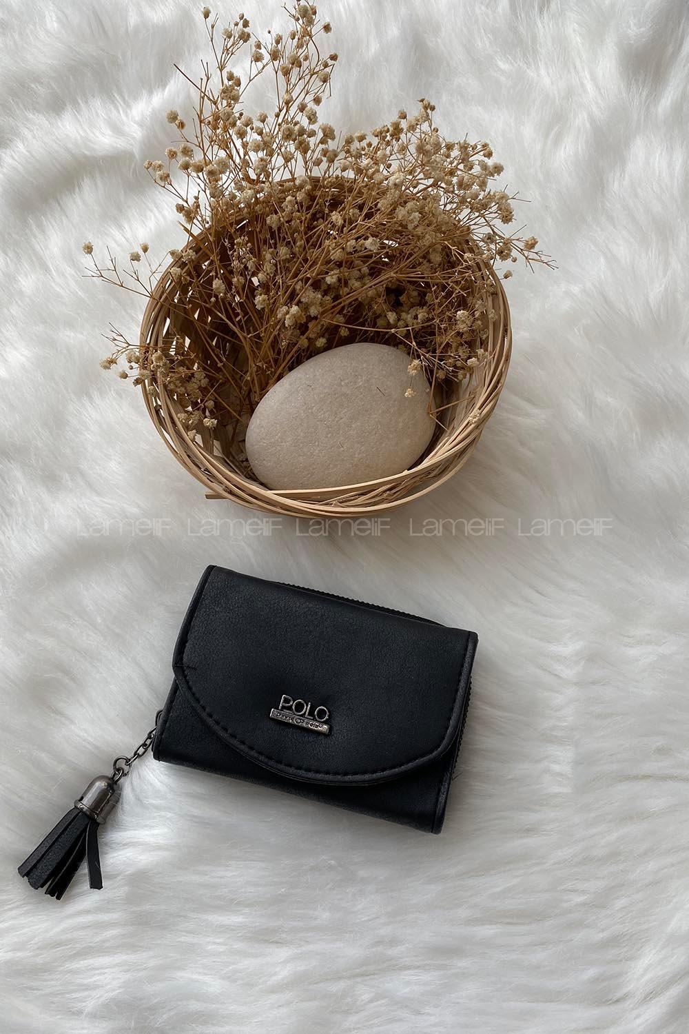 Modalamelif  Vintage Püsküllü Kapaklı Cüzdan Siyah