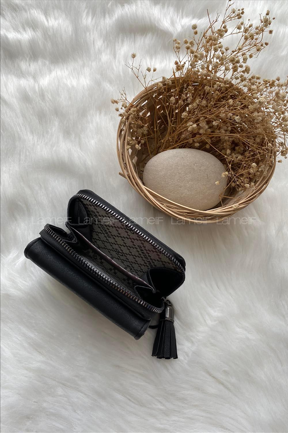 Modalamelif  Vintage Püsküllü Kapaklı Cüzdan Siyah