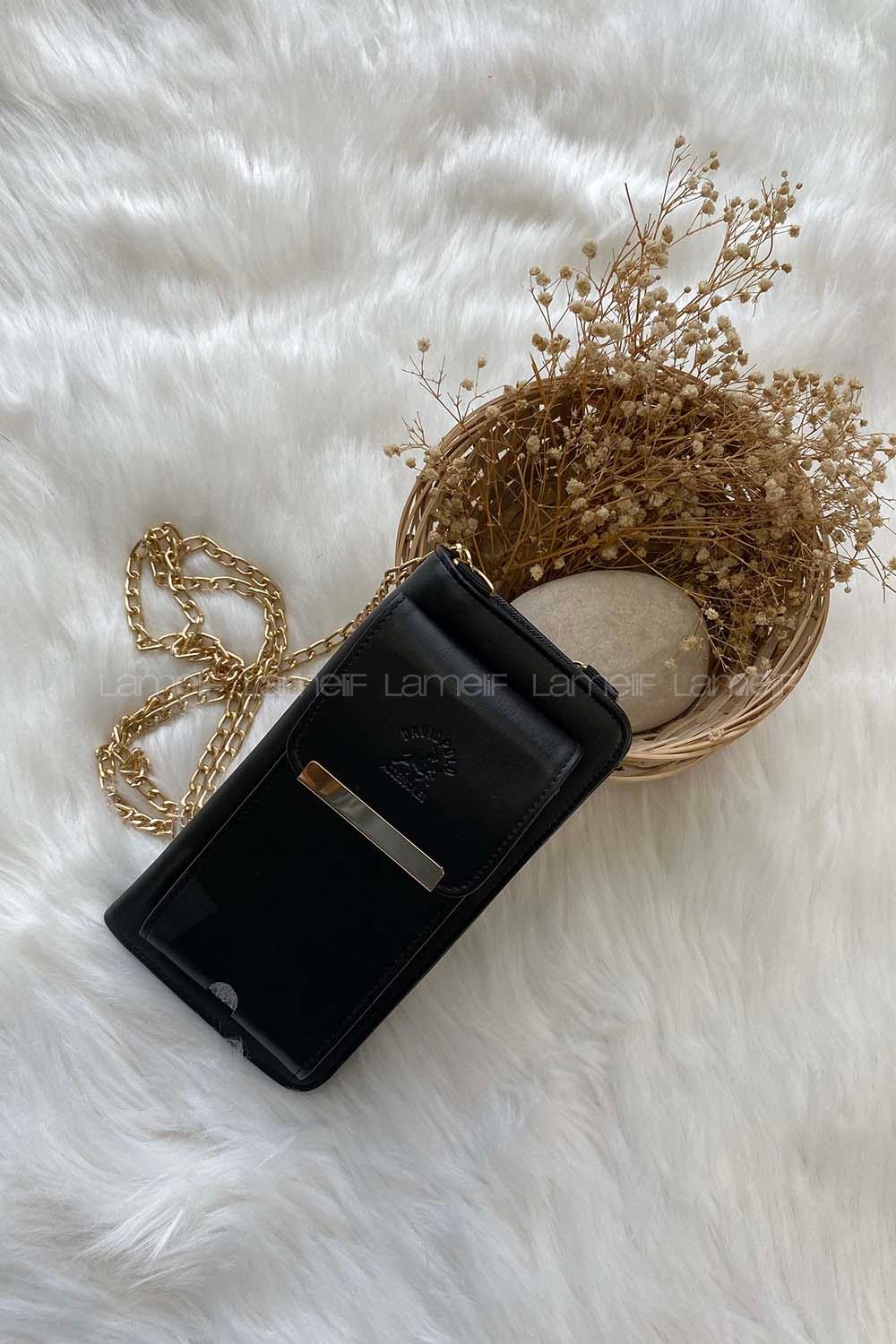 Modalamelif Zincir Askılı Telefon Bölmeli Cüzdan Siyah