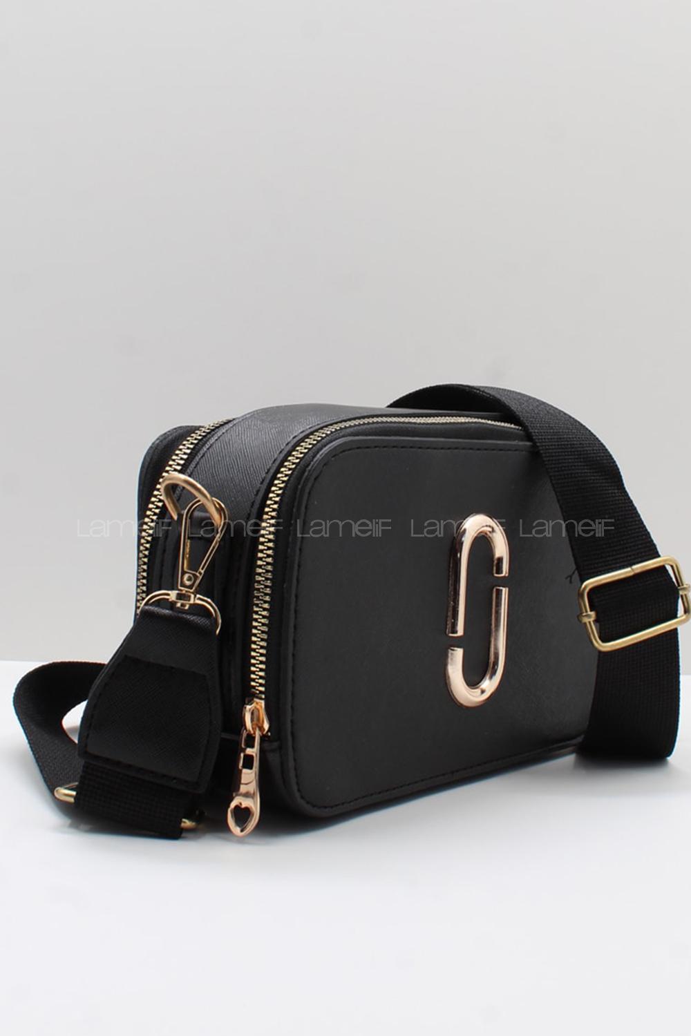 Lamelif Deri Görünümlü Metal Detay Çanta Siyah