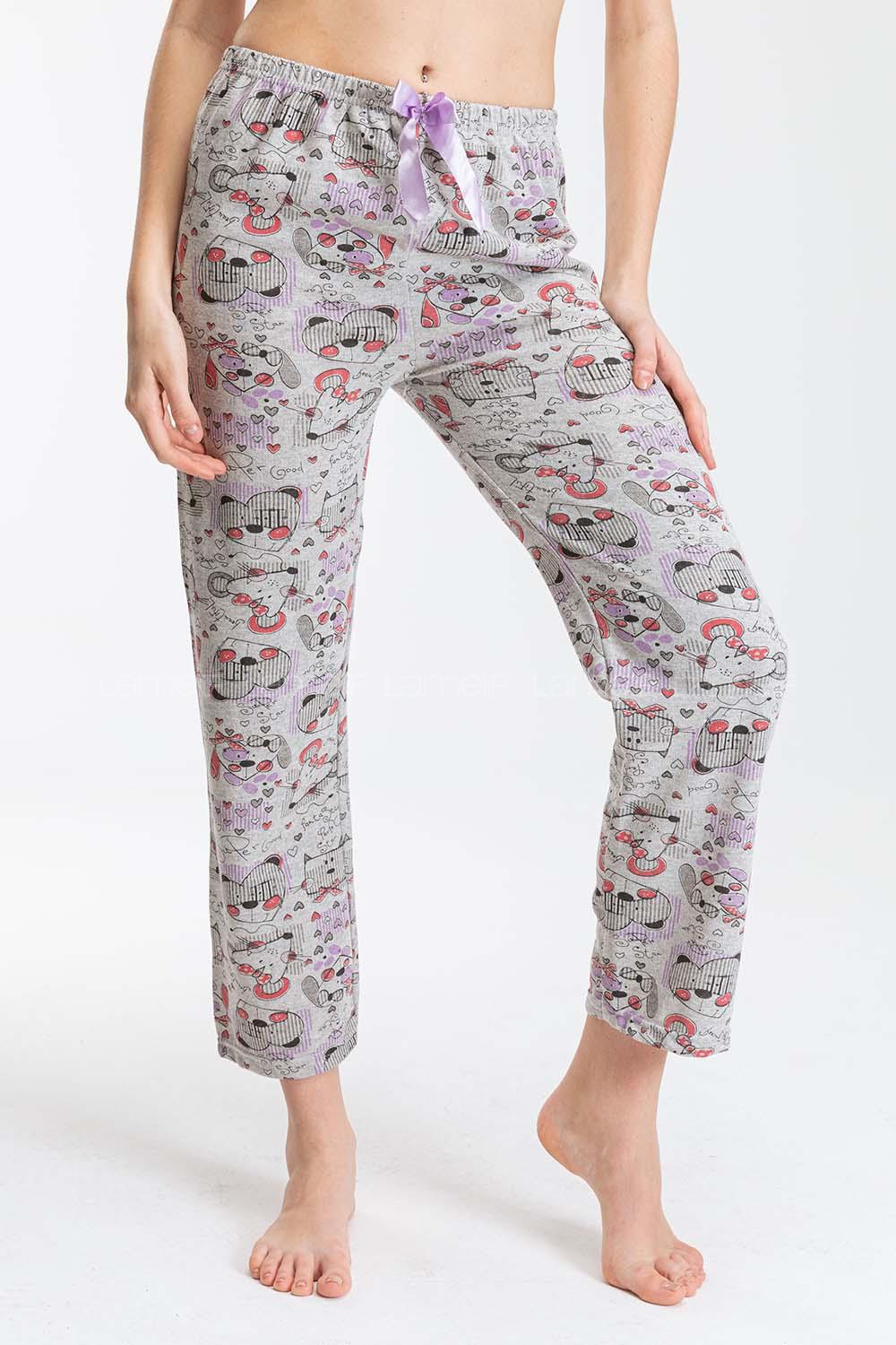 Modalamelif Karikatür Desenli Pijama Altı Ekru Gri Lila