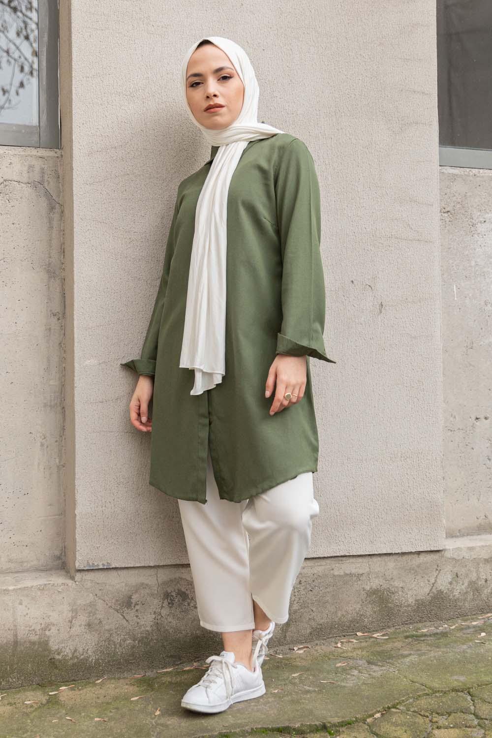 Dark Green Shirt Collar Long Arm Cotton Fabric Unprinted Shirt