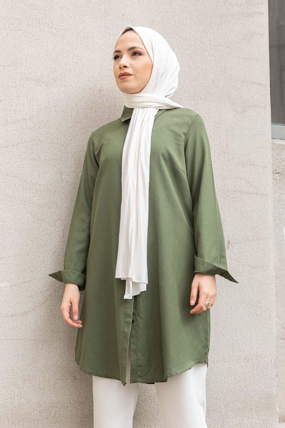 Dark Green Shirt Collar Long Arm Cotton Fabric Unprinted Shirt