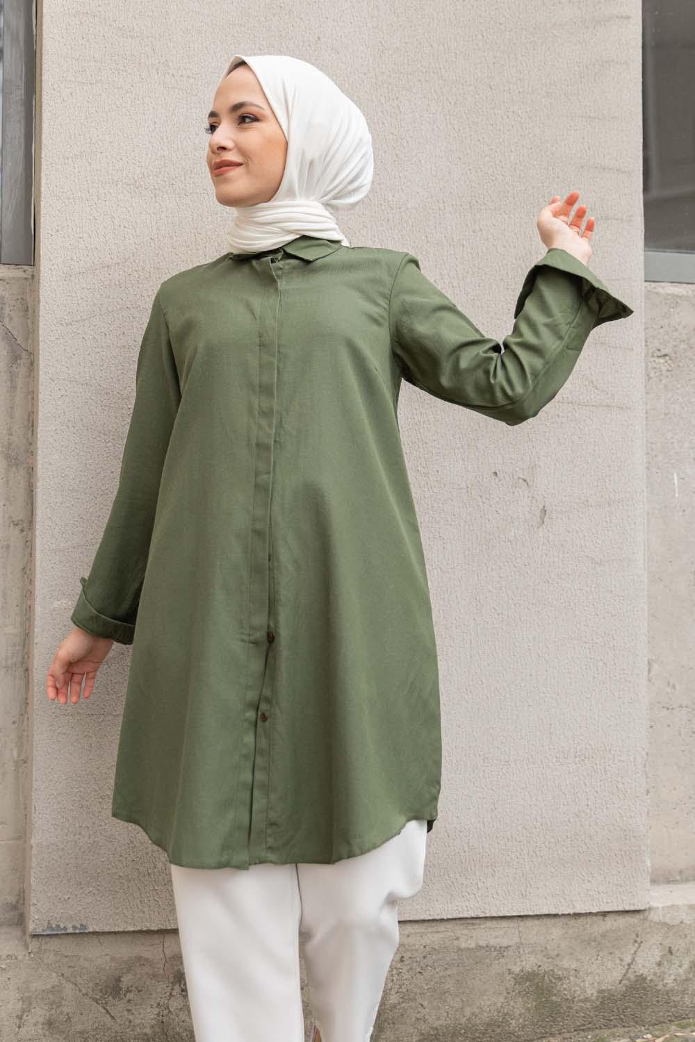 Dark Green Shirt Collar Long Arm Cotton Fabric Unprinted Shirt