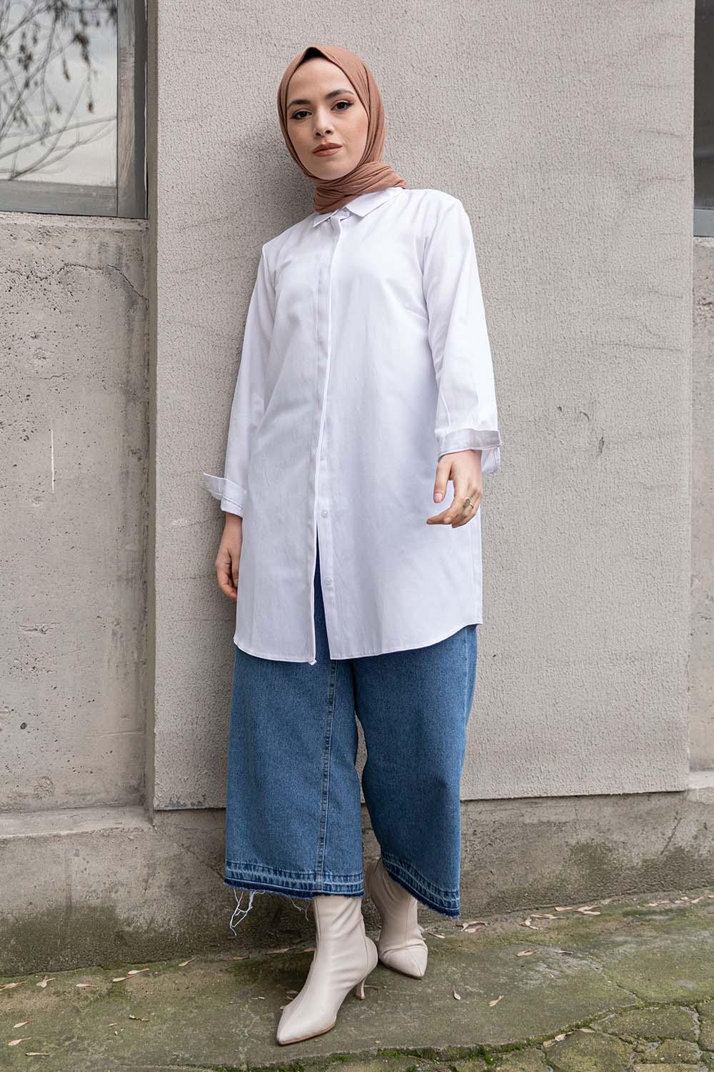 White Shirt Collar Long Arm Cotton Fabric Unprinted Shirt